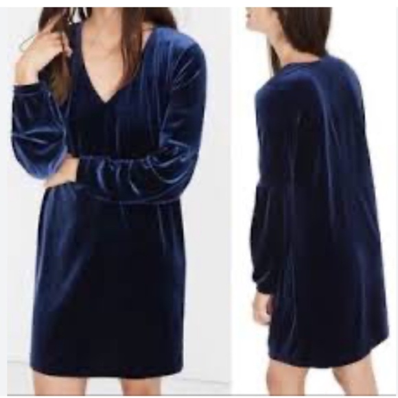 Madewell NWOT Navy Blue Velvet Poet Sleeve V Neck Mini Dress SZ S - Picture 2 of 12